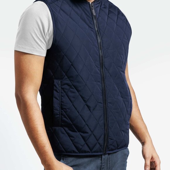 OLGYN Men Quilted Navy Blue Faux Leather Trim Vest - Picture 3 of 4
